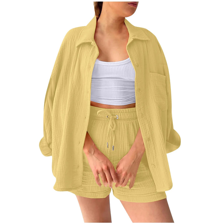 Women's Summer Linen Two-Piece Set – High-Waist Shorts & Long-Sleeve Shirt Outfit
