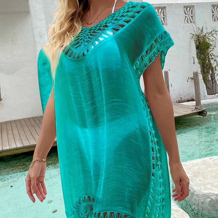 Women's Boho Beach Cover-Up Sleeveless Hollow Hand Hook Knit  Summer V-Neck Pullover