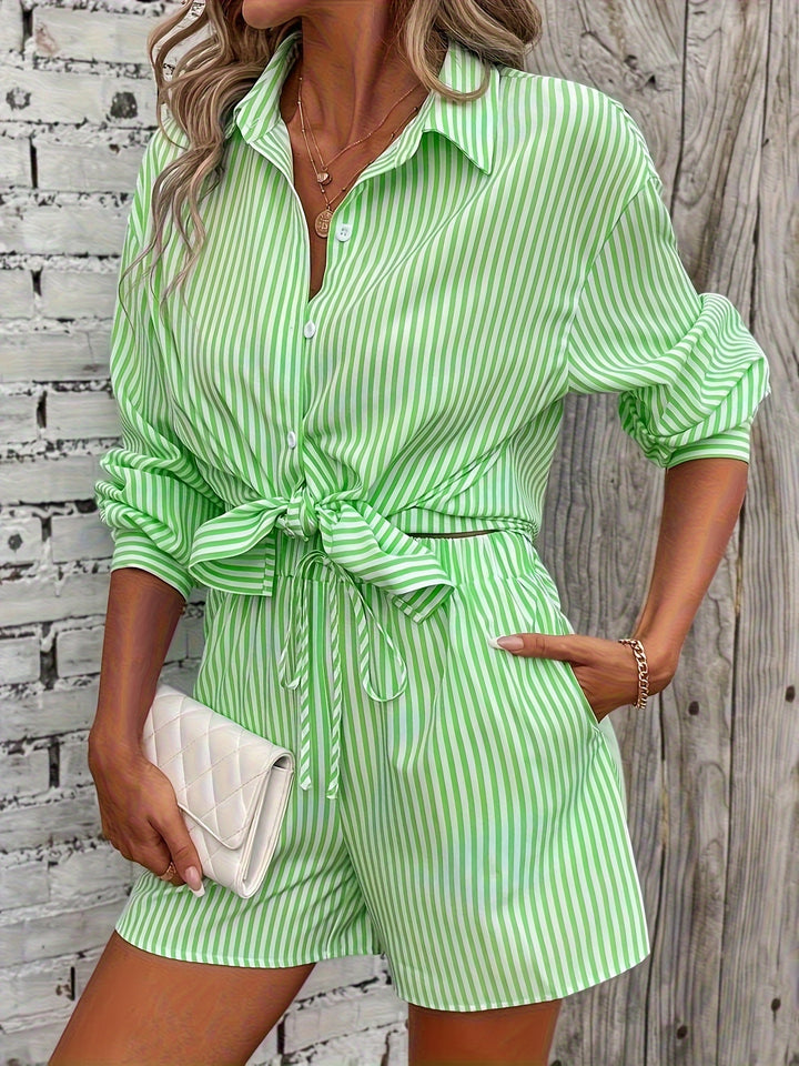 Elegant Direction  VCAY Women's Striped Drop Shoulder Shirt & Sportswear Set