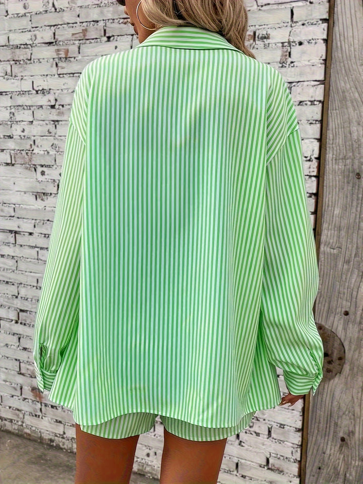 Elegant Direction  VCAY Women's Striped Drop Shoulder Shirt & Sportswear Set